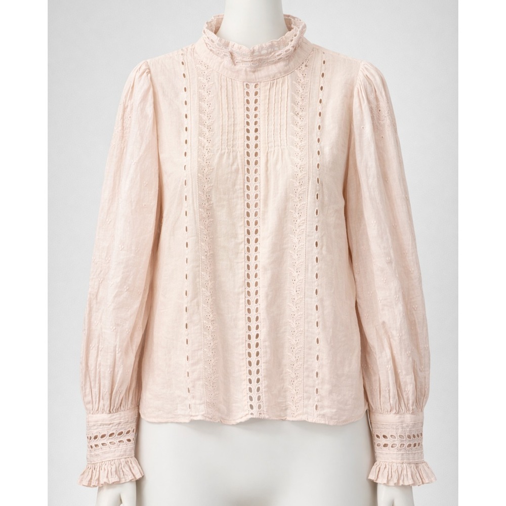 LoveShackFancy Blouse Womens Large Pink Eyelet Ruffle High Neck Cotton Top Boho
